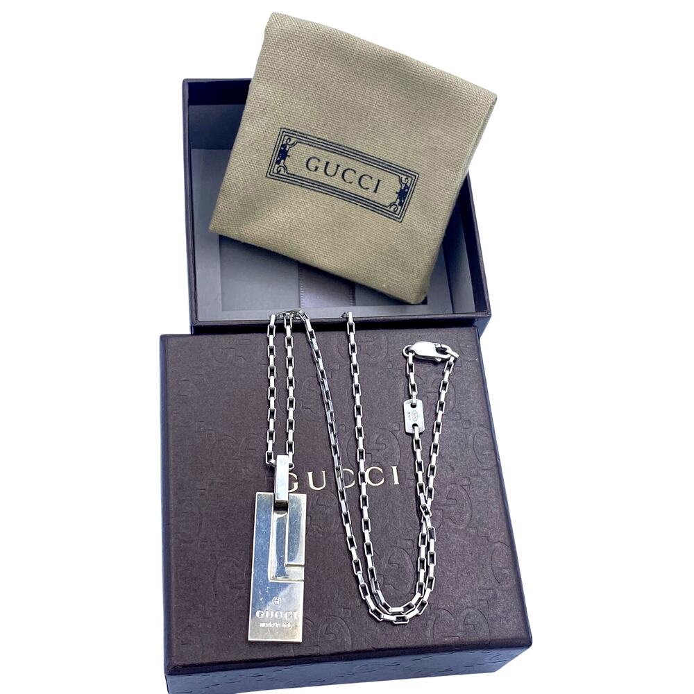 Authentic Gucci Pendant Necklace Mark Plate Rectangle Silver 16" - Picture 2 of 9